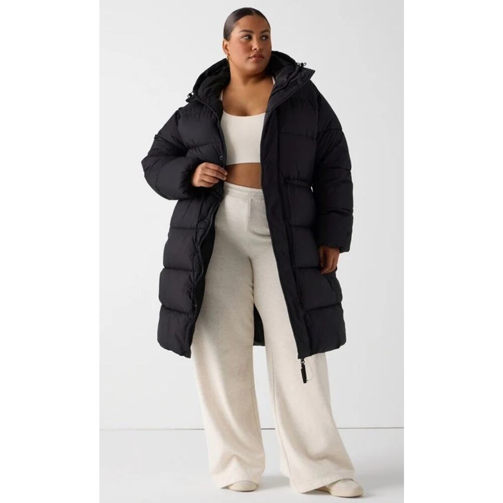 Fabletics Essential Long Puffer Coat Jacket Womens Size 2XL Black Pockets Hooded